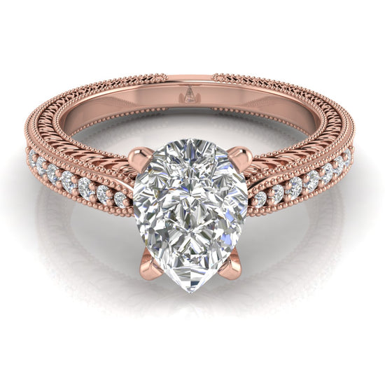 Tapered Vintage Inspired Pear Shaped Moissanite Engagement Ring