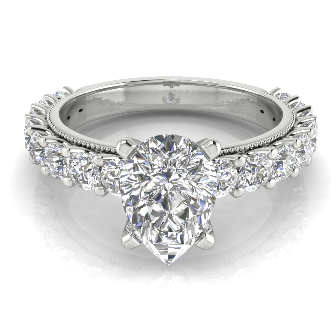 Round Pave Milgrain Pear Shaped Moissanite Engagement Ring