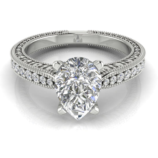 Tapered Vintage Inspired Pear Shaped Moissanite Engagement Ring