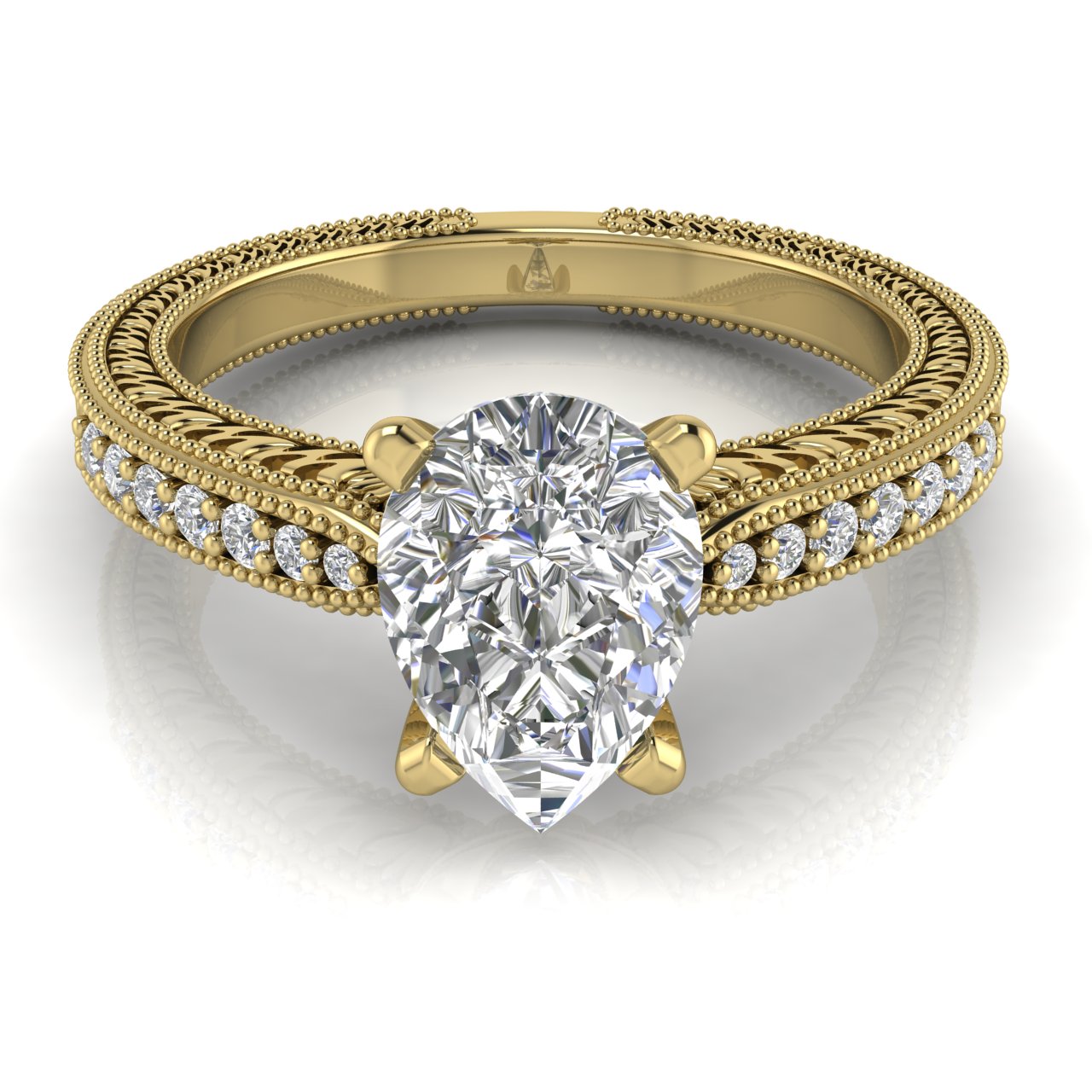 Tapered Vintage Inspired Pear Shaped Moissanite Engagement Ring