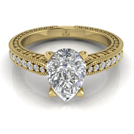 Tapered Vintage Inspired Pear Shaped Lab Diamond Engagement Ring