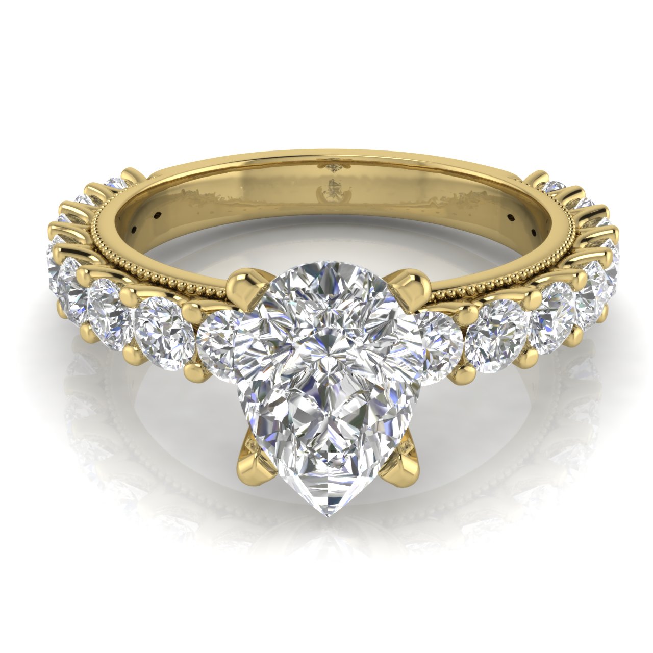 Round Pave Milgrain Pear Shaped Moissanite Engagement Ring