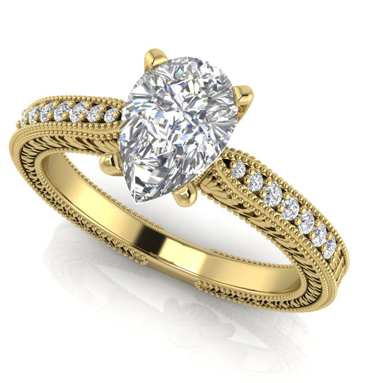 Tapered Vintage Inspired Pear Shaped Moissanite Engagement Ring