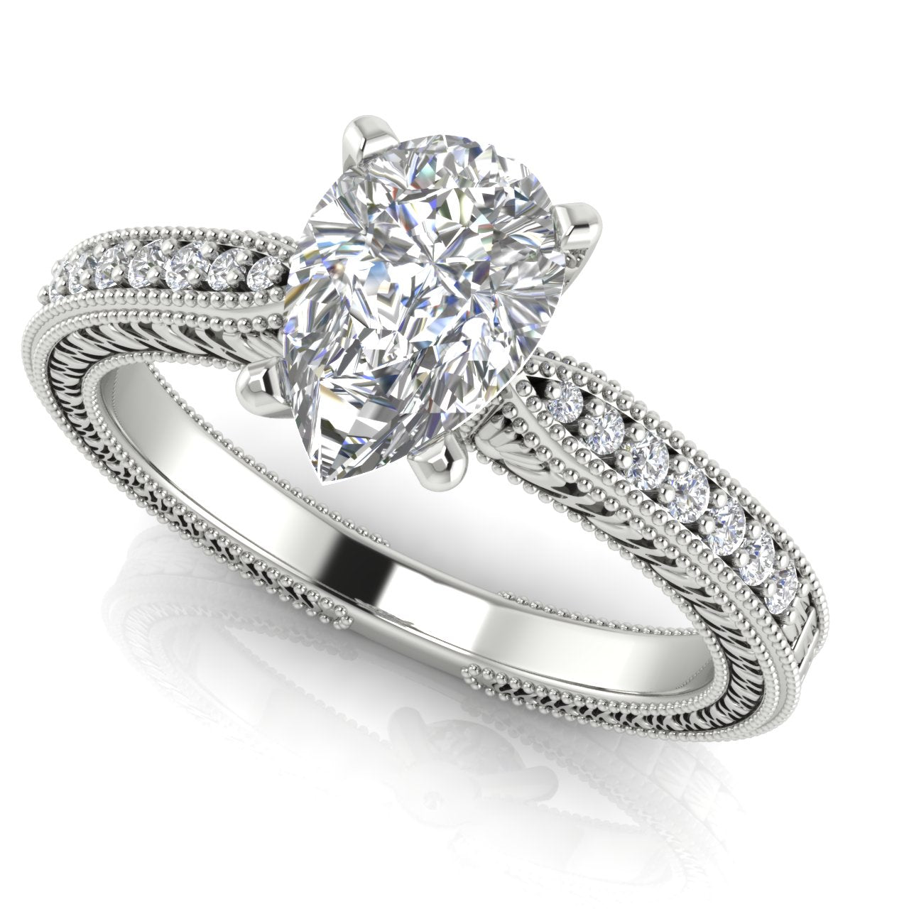 Tapered Vintage Inspired Pear Shaped Moissanite Engagement Ring