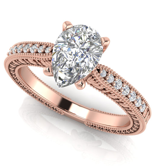 Tapered Vintage Inspired Pear Shaped Moissanite Engagement Ring