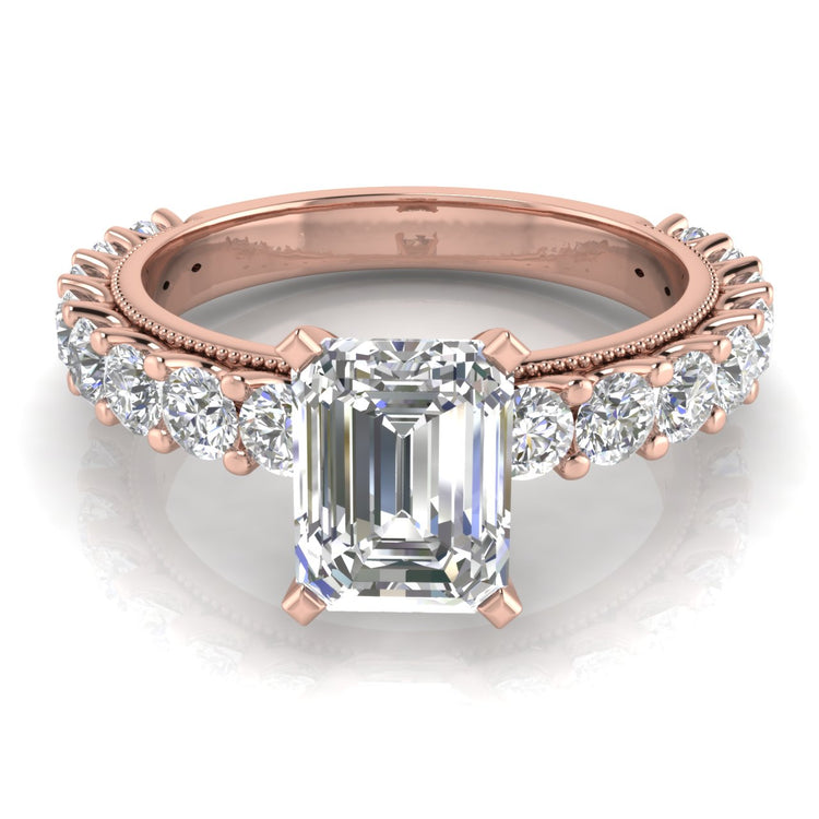 Round Pave Milgrain Emerald Cut Lab Diamond Engagement Ring