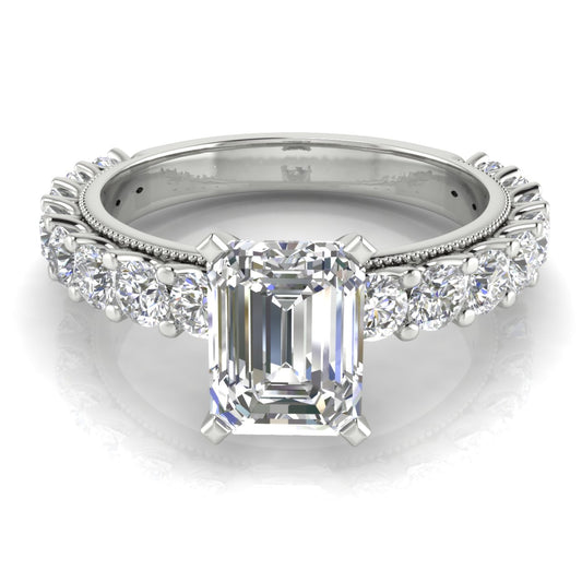 Round Pave Milgrain Emerald Cut  Engagement Ring | Moissanite | Lab Grown Diamond