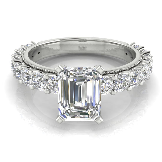 Round Pave Milgrain Emerald Cut Moissanite Engagement Ring