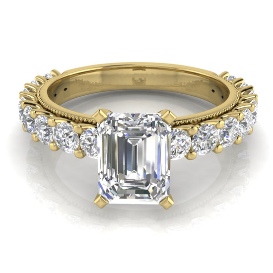 Round Pave Milgrain Emerald Cut Moissanite Engagement Ring