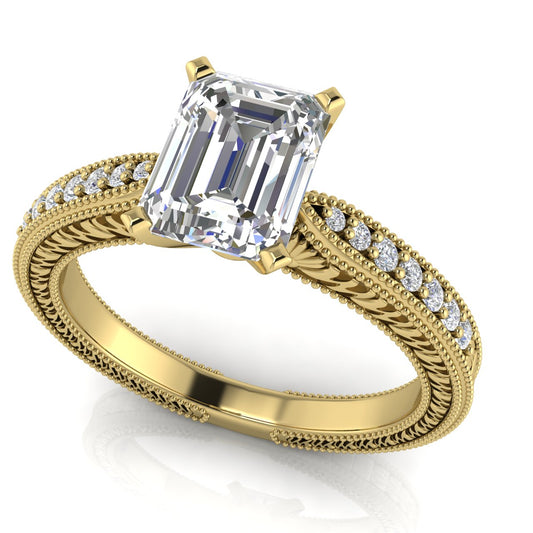 Tapered Vintage Inspired Emerald Cut Lab Diamond Engagement Ring