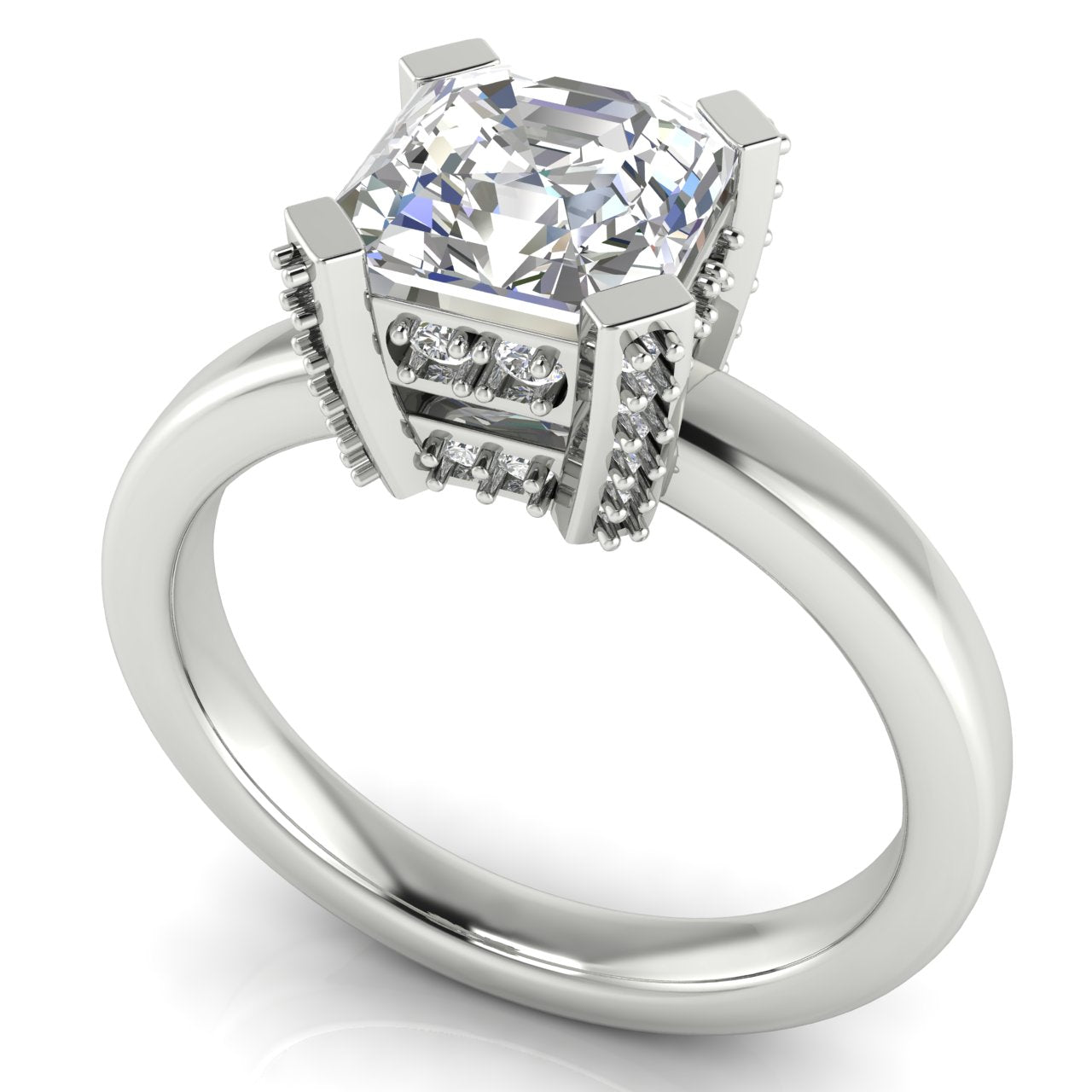 Architectural Pave Emerald Cut Moissanite Engagement Ring