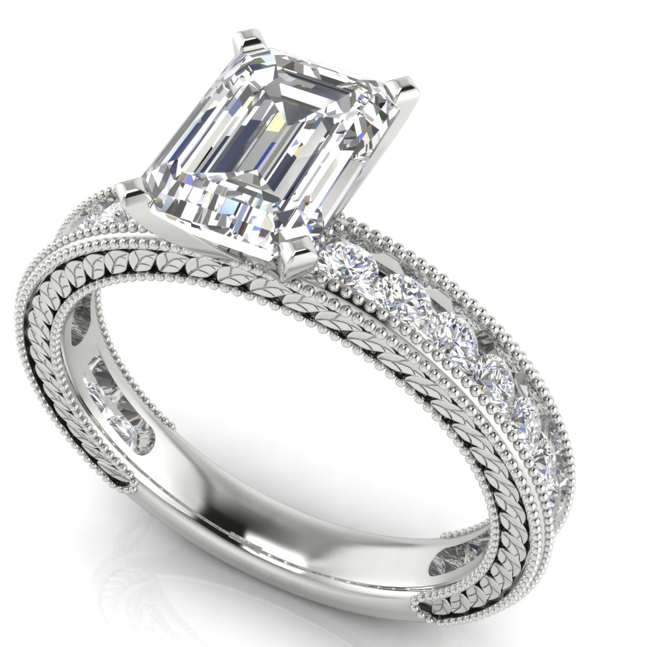 Nature Milgrain Emerald Cut Moissanite Engagement Ring