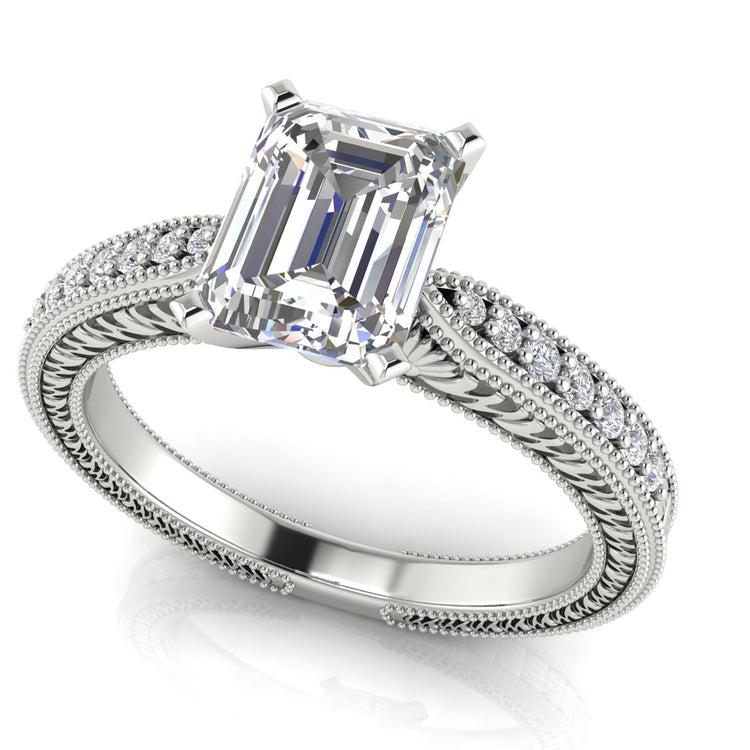 Tapered Vintage Inspired Emerald Cut Moissanite Engagement Ring