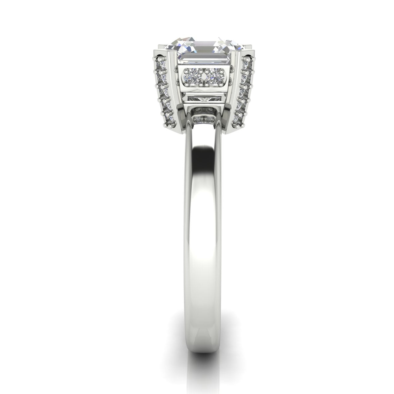 Architectural Pave Emerald Cut Moissanite Engagement Ring