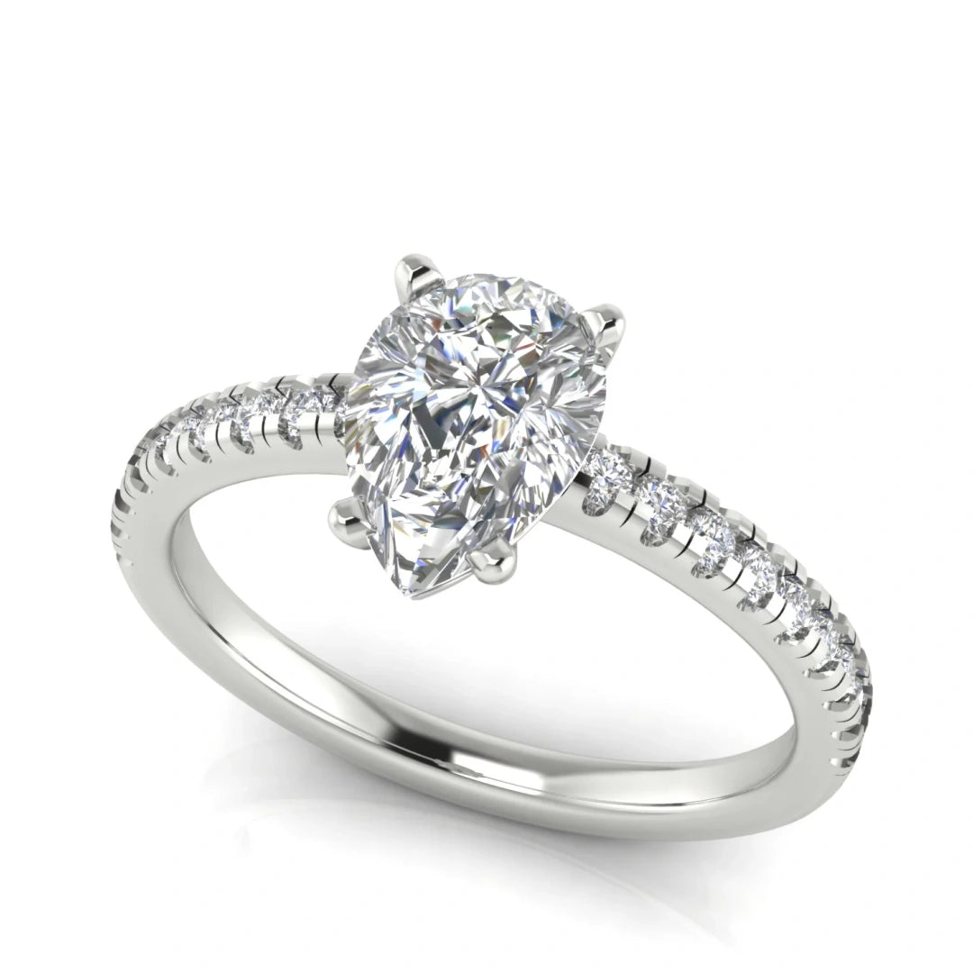 French Pave Basket Pear Shaped Lab Diamond Engagement Ring