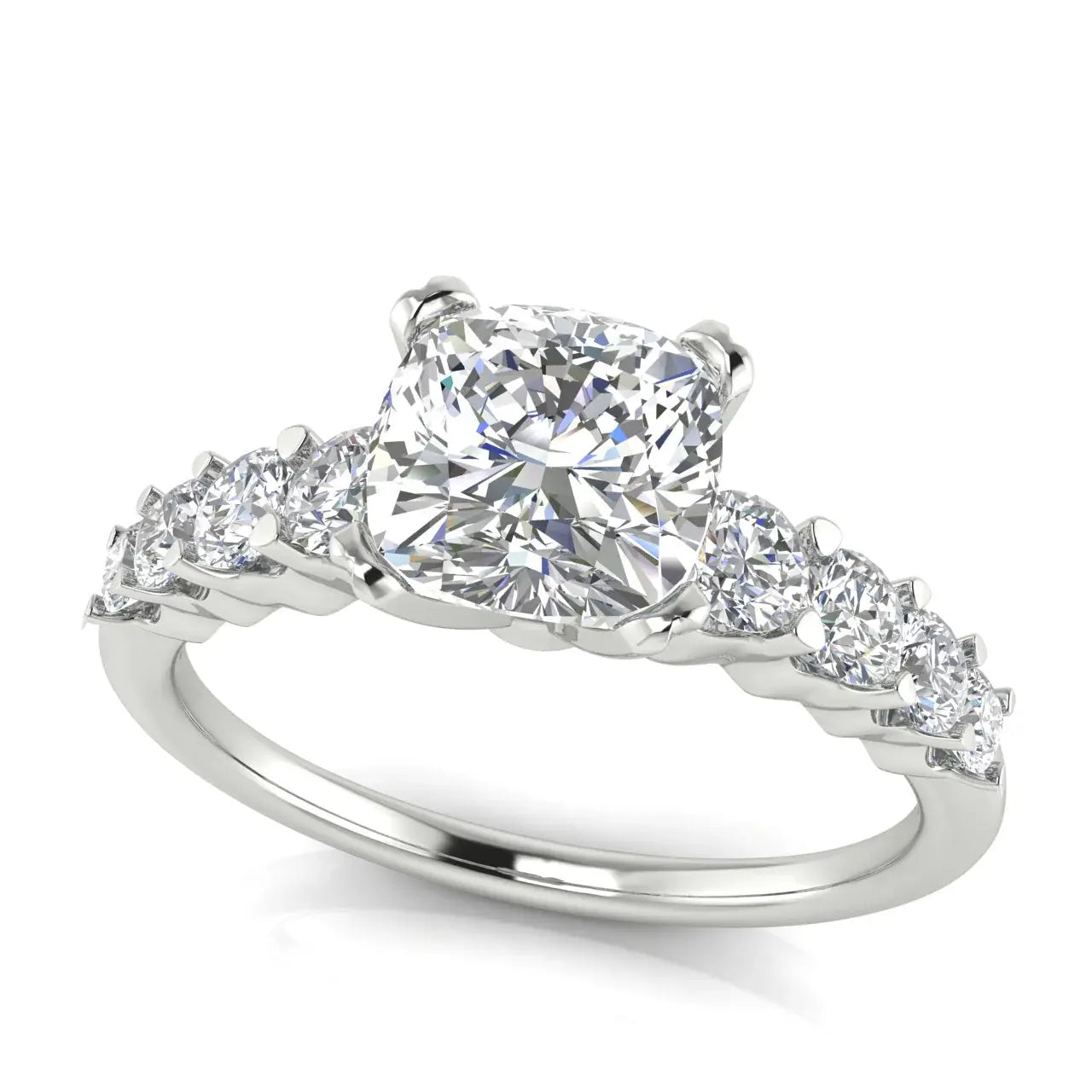 Graduated Pave Cushion Cut Lab Diamond Engagement Ring