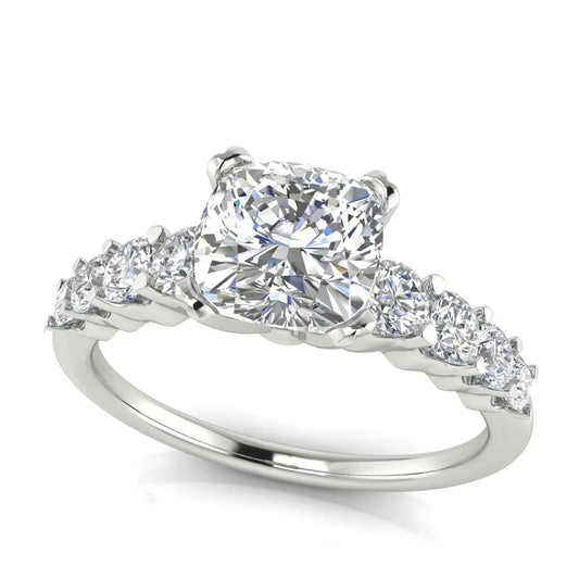 Graduated Pave Cushion Cut Lab Diamond Engagement Ring