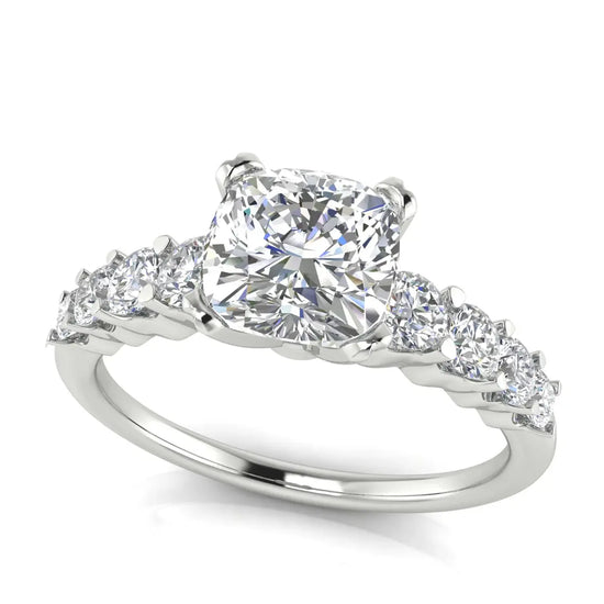 Graduated Pave Cushion Cut Lab Diamond Engagement Ring