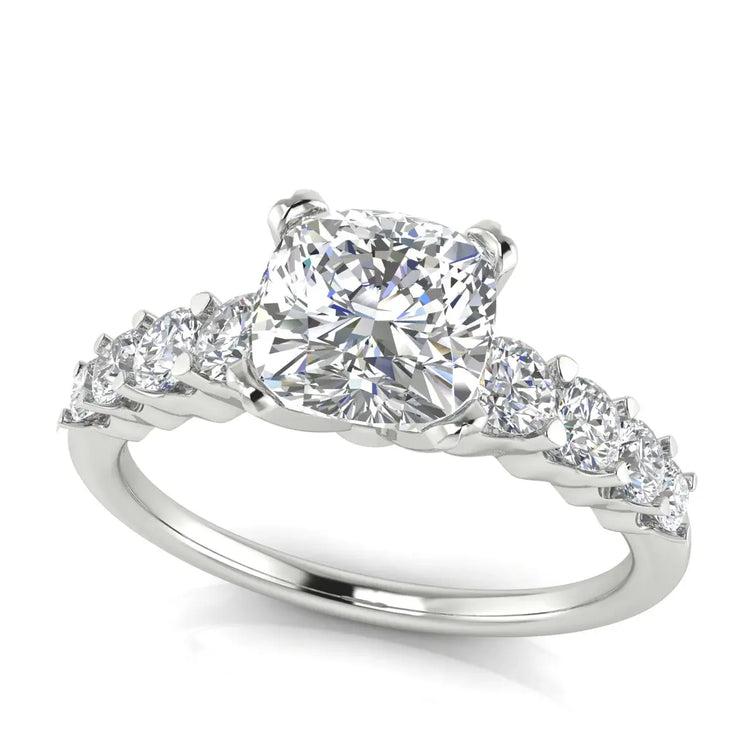Graduated Pave Cushion Cut Lab Diamond Engagement Ring