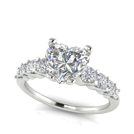 Graduated Pave Heart Shaped Lab Diamond Engagement Ring