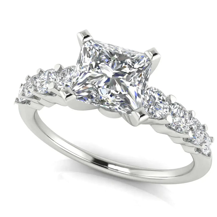Graduated Pave Princess Cut Lab Diamond Engagement Ring