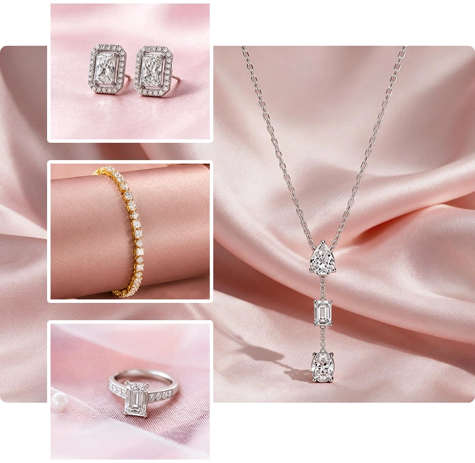 A lab grown diamond jewelry collage on a pink satin background showing a silver pendant necklace with three emerald-cut lab diamond, plus four inset close-ups of matching jewelry a pair of stud earrings a yellow-gold tennis bracelet and a ring The main product appears to be the necklace with the other items likely included variants or styling insets