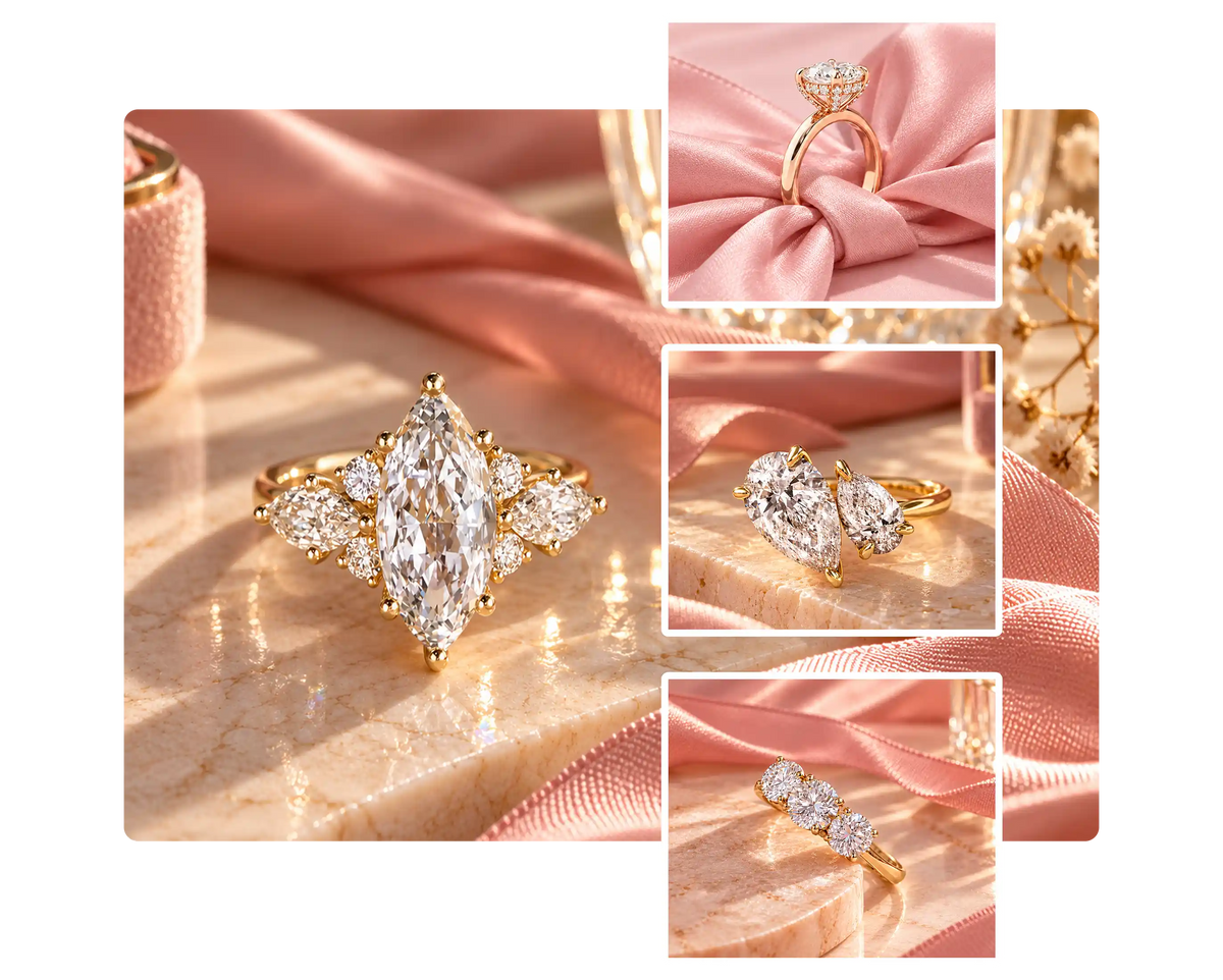 A collage of lab diamond rings on a soft pink and peach background. The large left ring shows a gold marquise ring with three brilliant cuts lab grown diamonds rings
