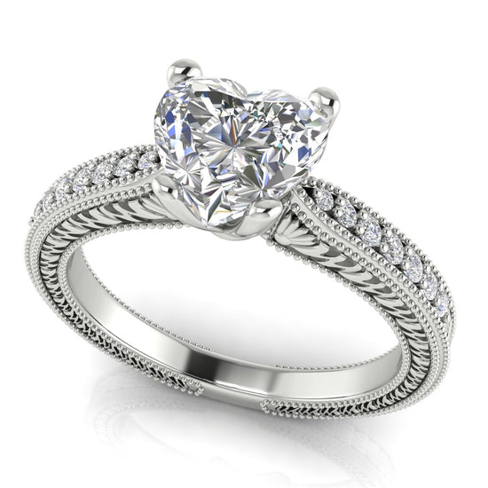 Tapered Vintage Inspired Heart Shaped Moissanite Engagement Ring