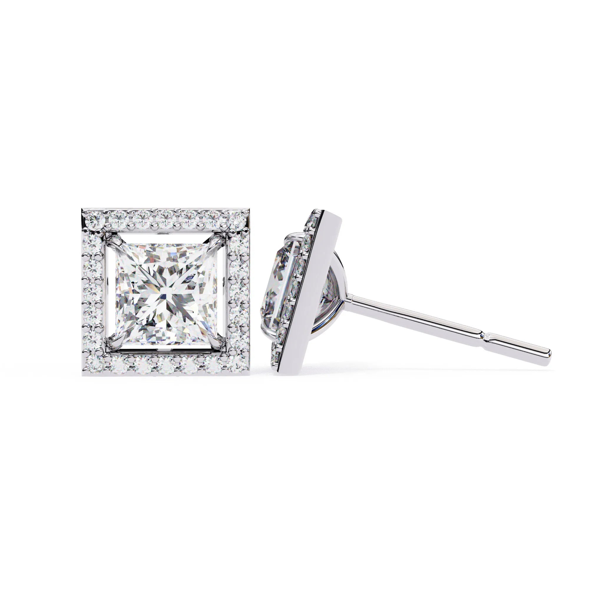 Radiant Princess Cut Lab Diamond Halo Studs Earring