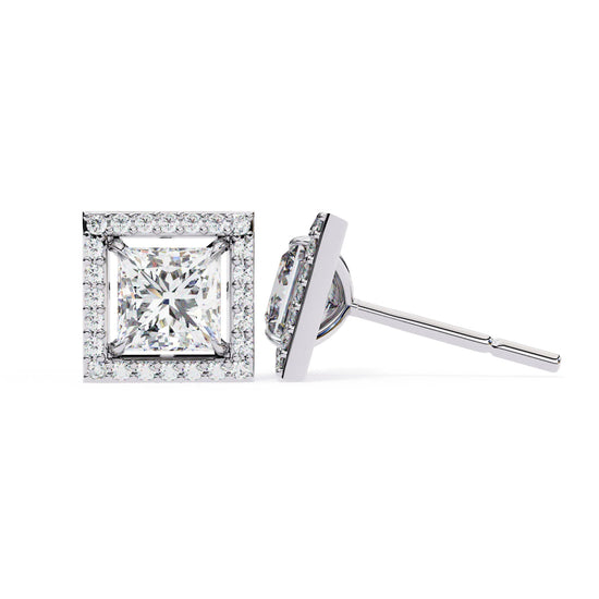 Radiant Princess Cut Lab Diamond Halo Studs Earring