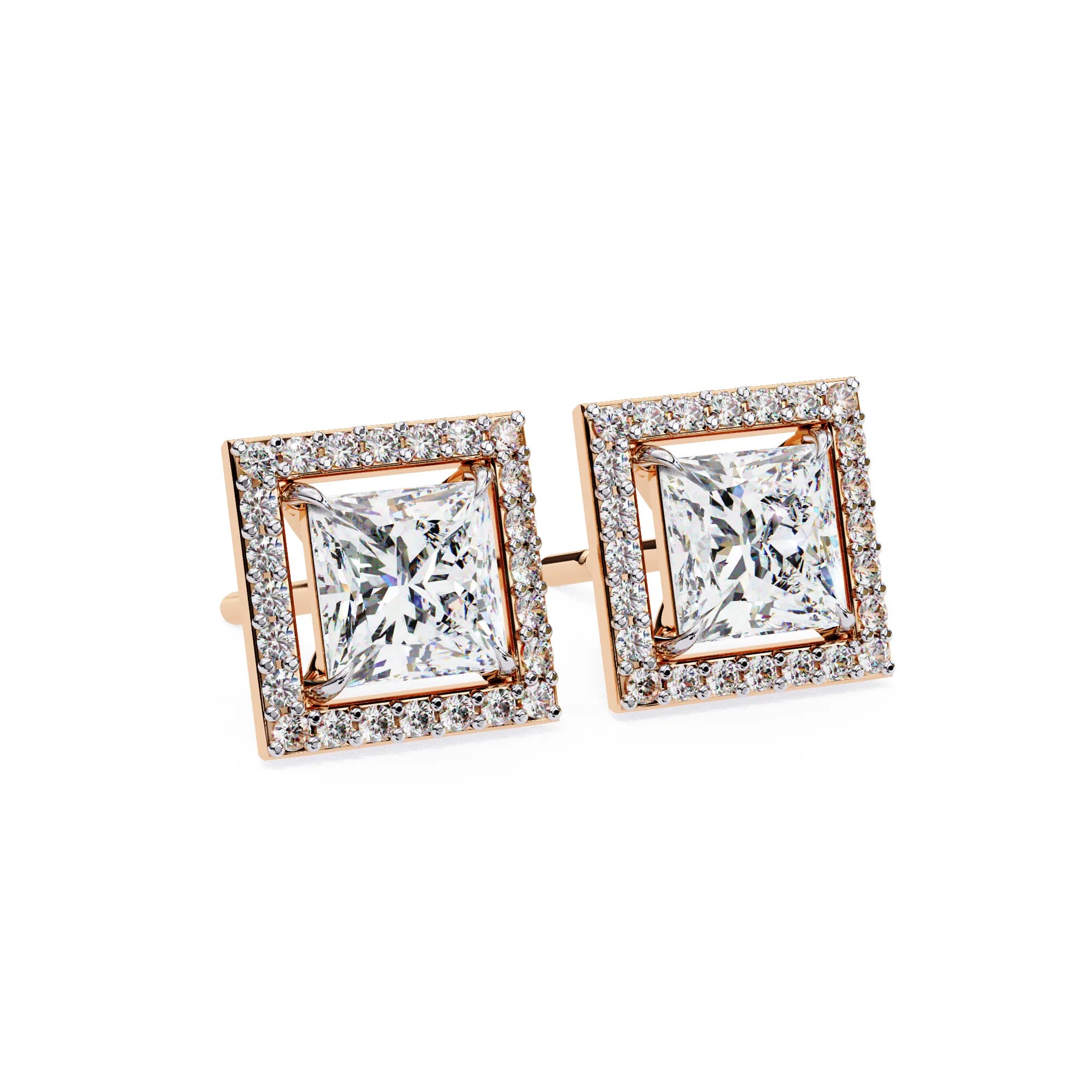Radiant Princess Cut Lab Diamond Halo Studs Earring