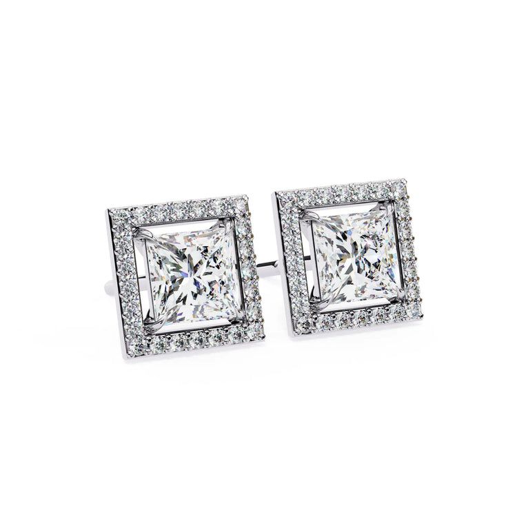 Radiant Princess Cut Lab Diamond Halo Studs Earring