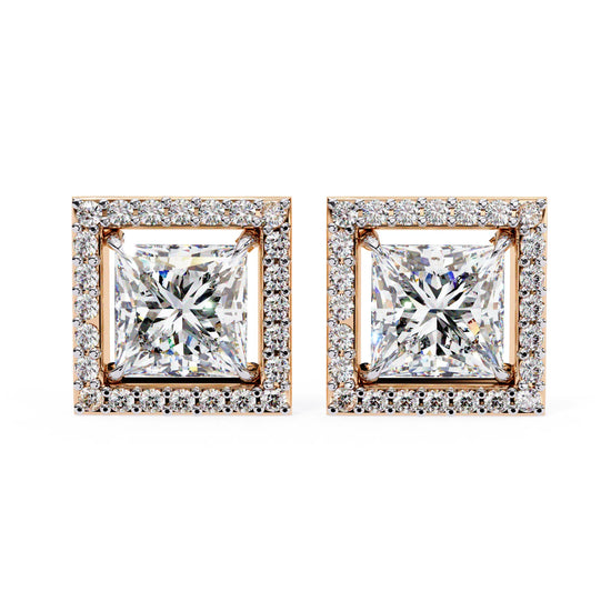 Radiant Princess Cut Lab Diamond Halo Studs Earring