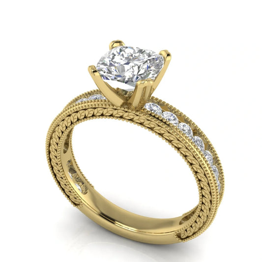 Nature Milgrain Cushion Cut Lab Diamond Engagement Ring
