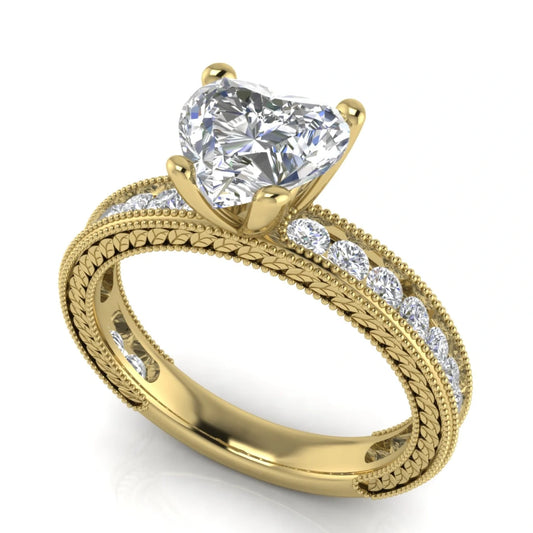 Nature Milgrain Heart Shaped Lab Diamond Engagement Ring