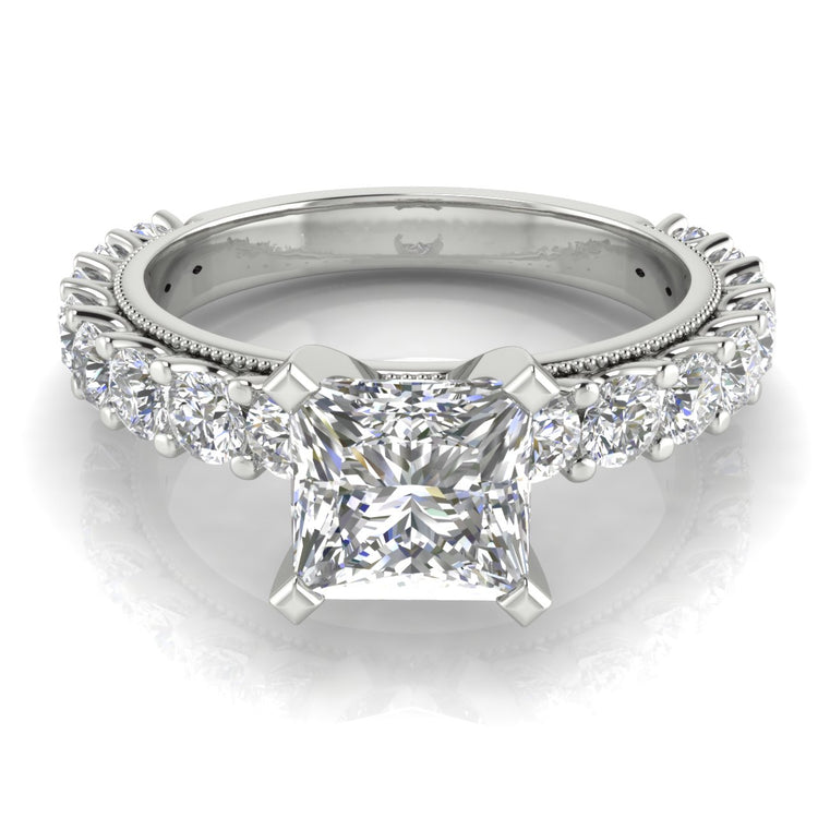 Round Pave Milgrain Princess Cut  Engagement Ring | Moissanite | Lab Grown Diamond