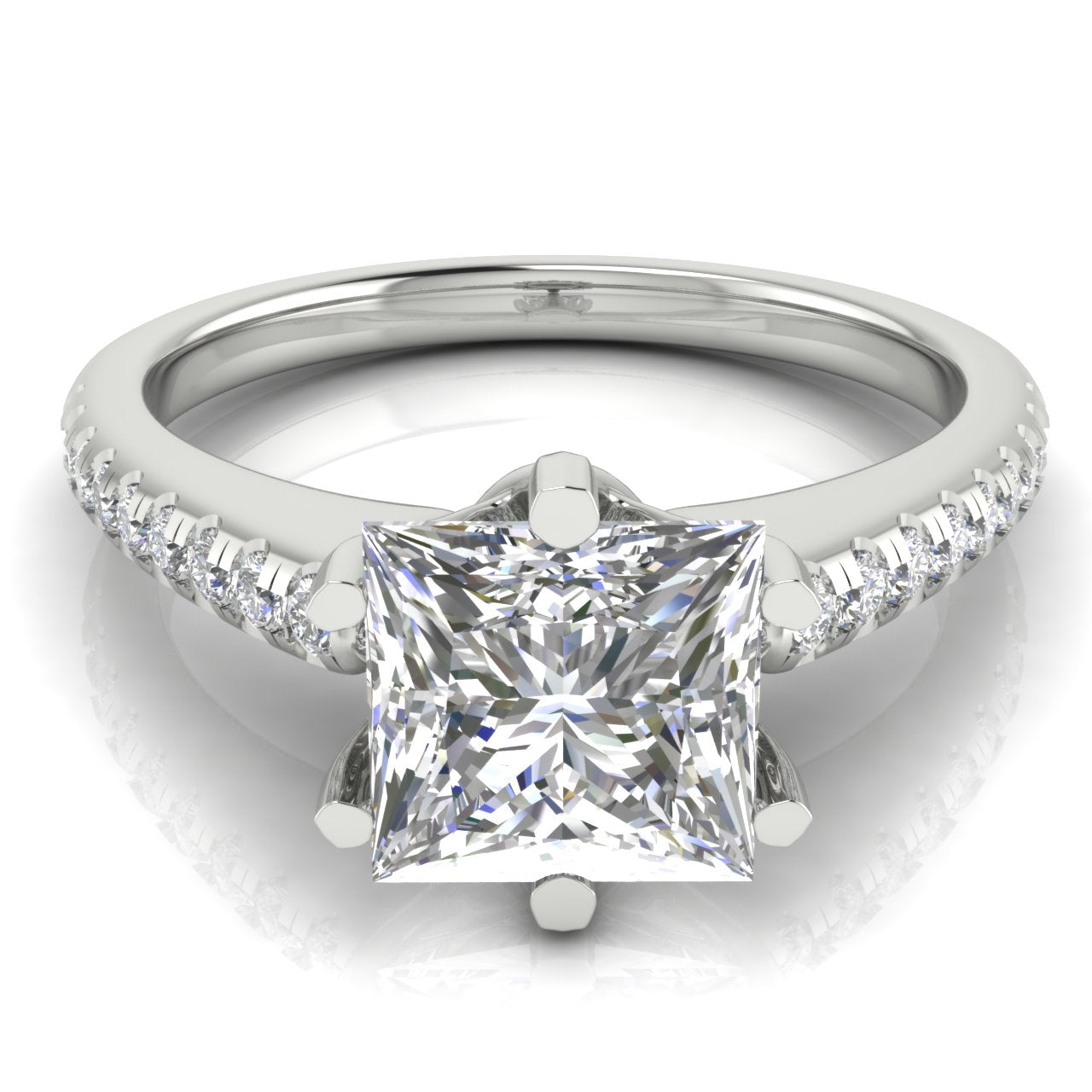 French Pave Princess Cut Moissanite Engagement Ring