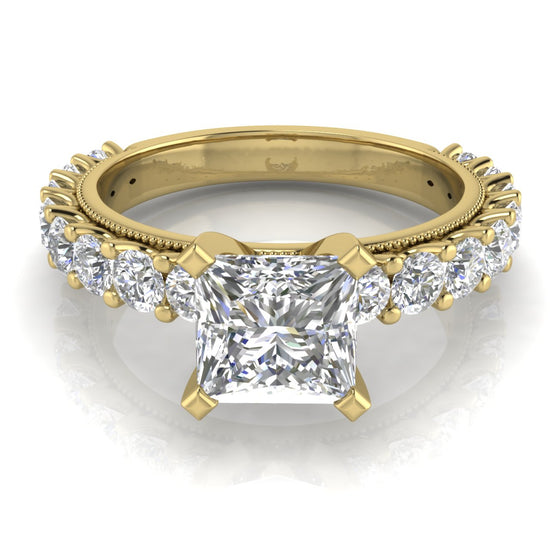 Round Pave Milgrain Princess Cut Lab Diamond Engagement Ring