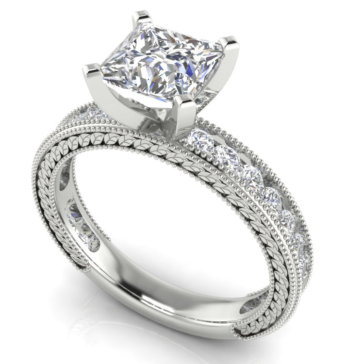 Nature Milgrain Princess Cut Lab Diamond Engagement Ring