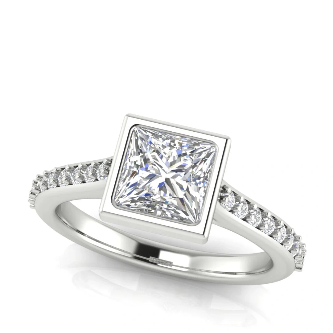 Pave Bezel Princess Cut Lab Diamond Engagement Ring