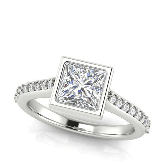 Pave Bezel Princess Cut Lab Diamond Engagement Ring