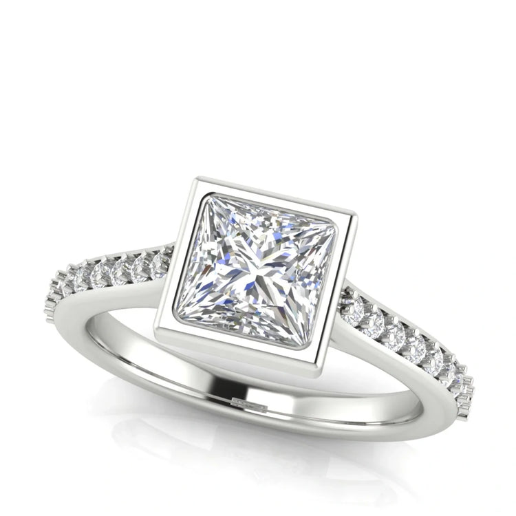 Pave Bezel Princess Cut Lab Diamond Engagement Ring
