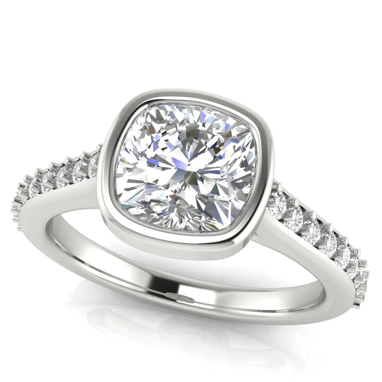 Pave Bezel Set Cushion Cut Lab Diamond Engagement Ring