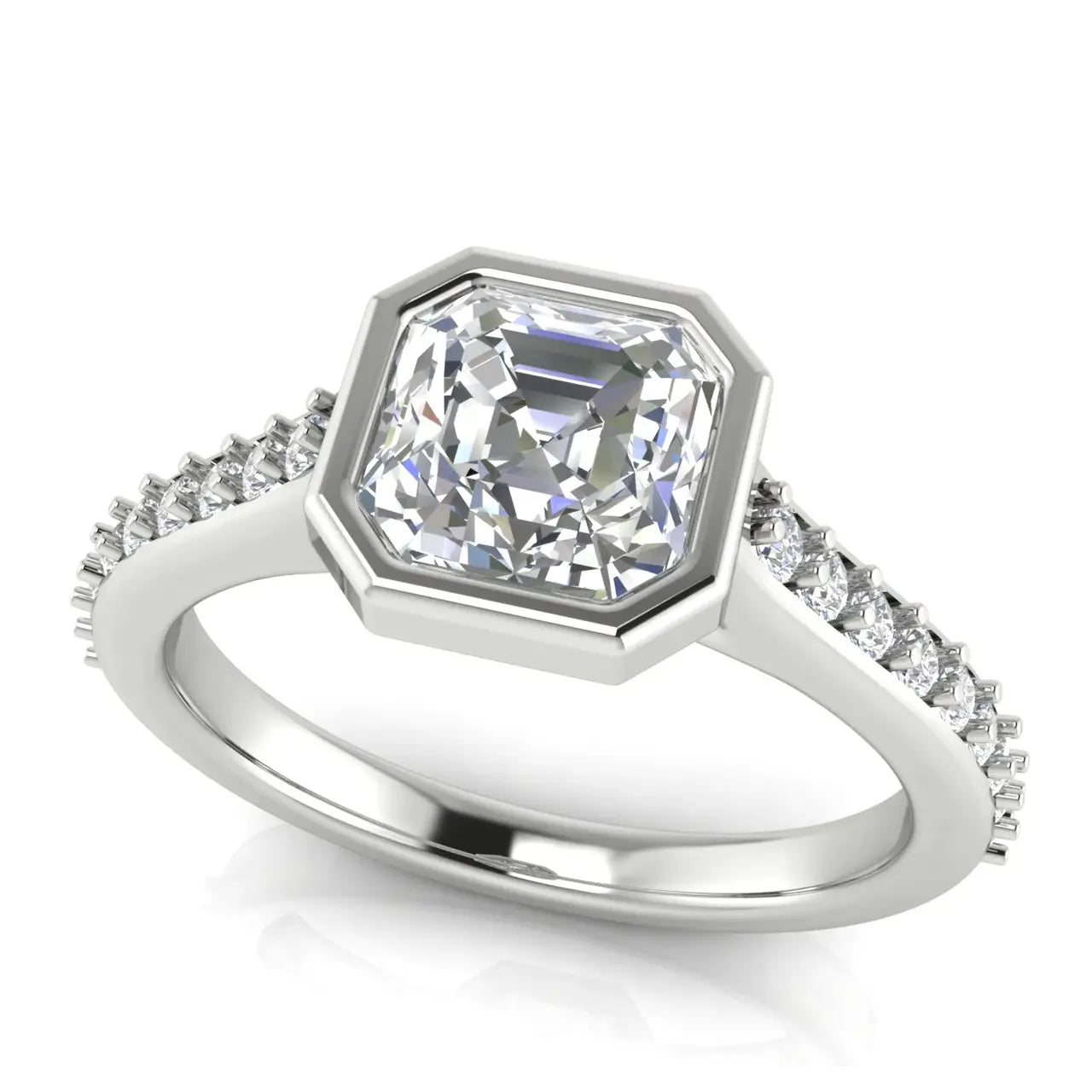 Pave Bezel Set Emerald Cut Lab Diamond Engagement Ring