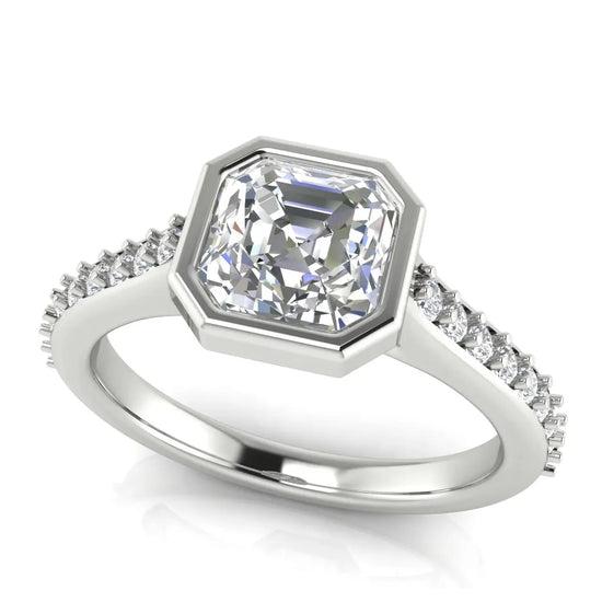 Pave Bezel Set Emerald Cut Lab Diamond Engagement Ring