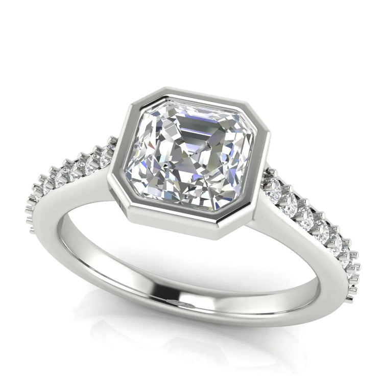 Pave Bezel Set Emerald Cut Lab Diamond Engagement Ring