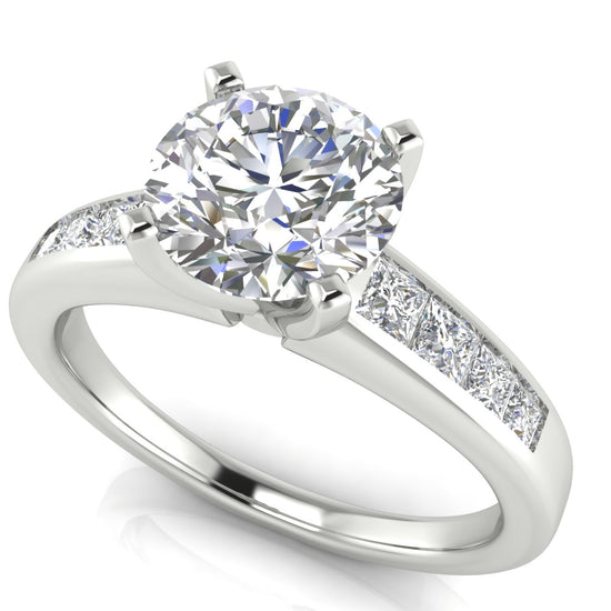 Princess Channel Set Round Cut Lab Diamond Engagement Ring