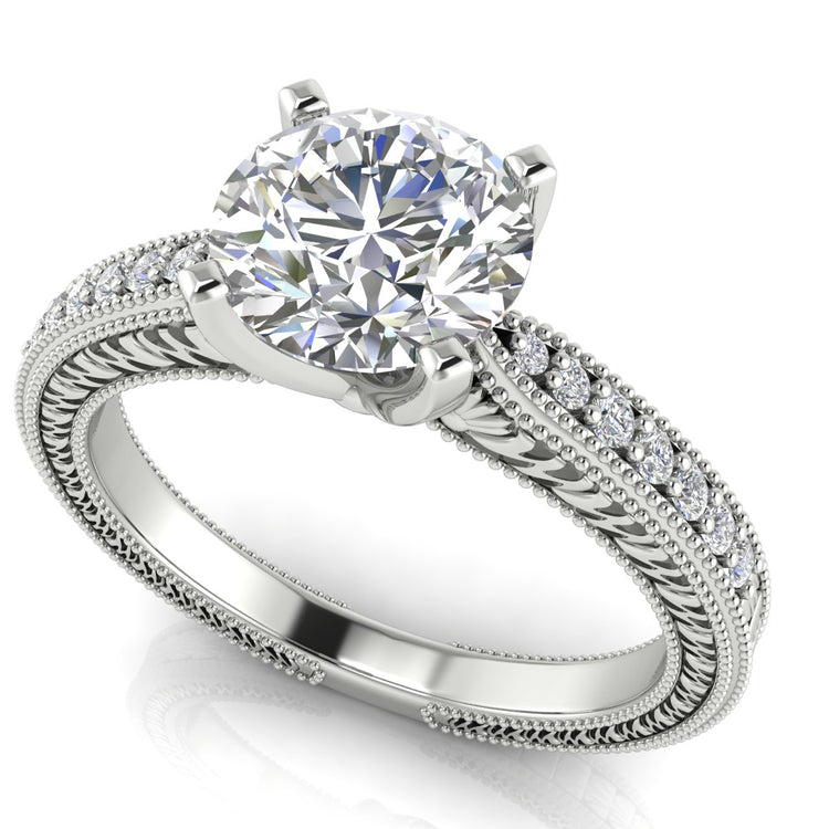 Tapered Vintage Inspired Round Cut Moissanite Engagement Ring