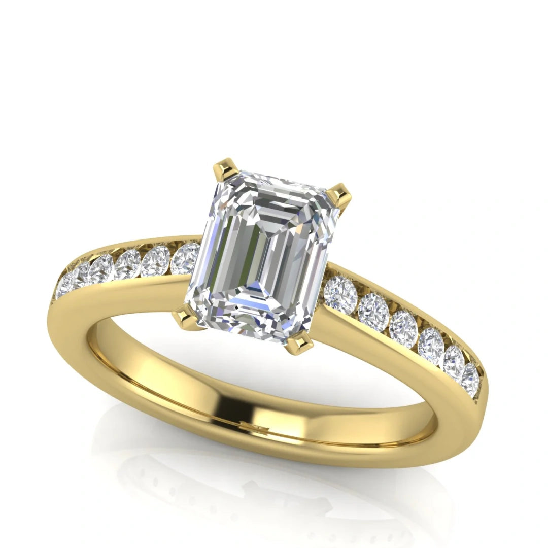Round Channel Set Emerald Cut Lab Diamond Engagement Ring