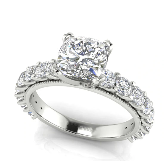 Round Pave Milgrain Cushion Cut Lab Diamond Engagement Ring